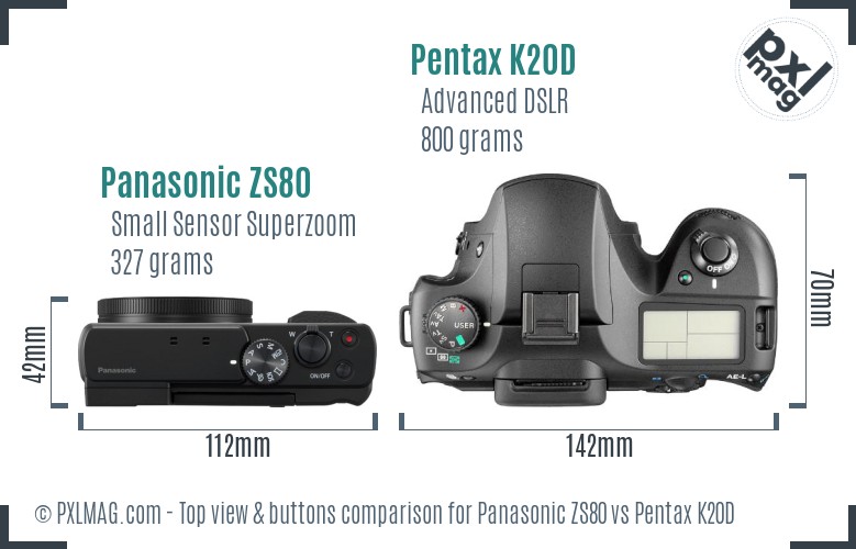 Panasonic ZS80 vs Pentax K20D top view buttons comparison