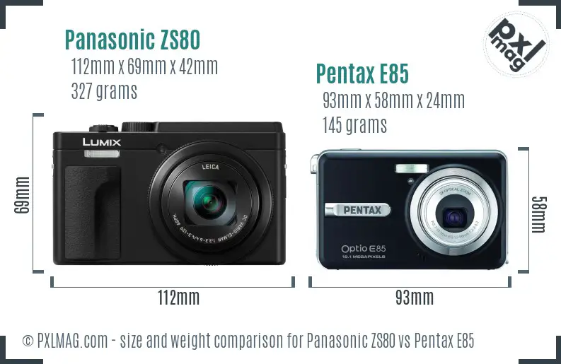 Panasonic ZS80 vs Pentax E85 size comparison
