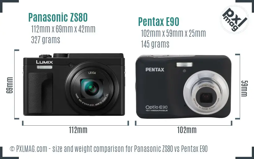 Panasonic ZS80 vs Pentax E90 size comparison
