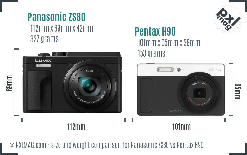 Panasonic ZS80 vs Pentax H90 size comparison