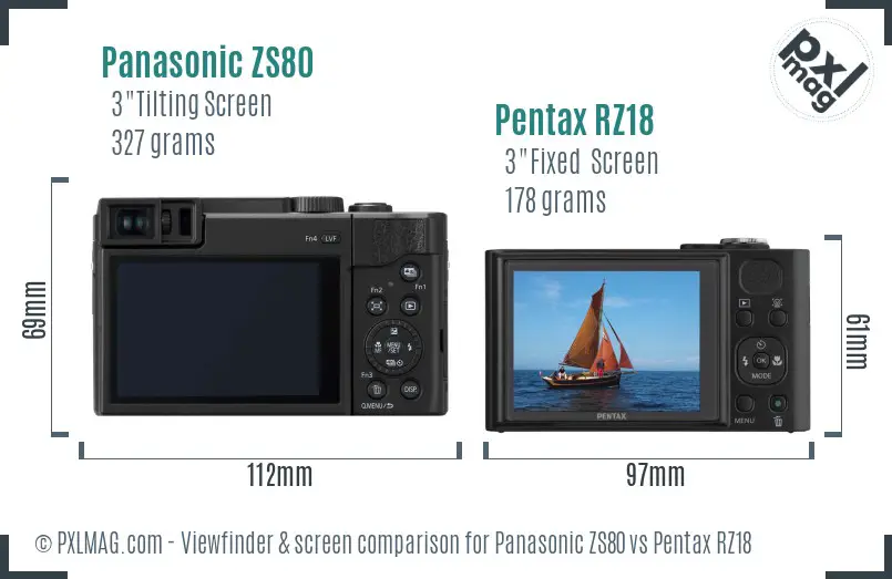 Panasonic ZS80 vs Pentax RZ18 Screen and Viewfinder comparison