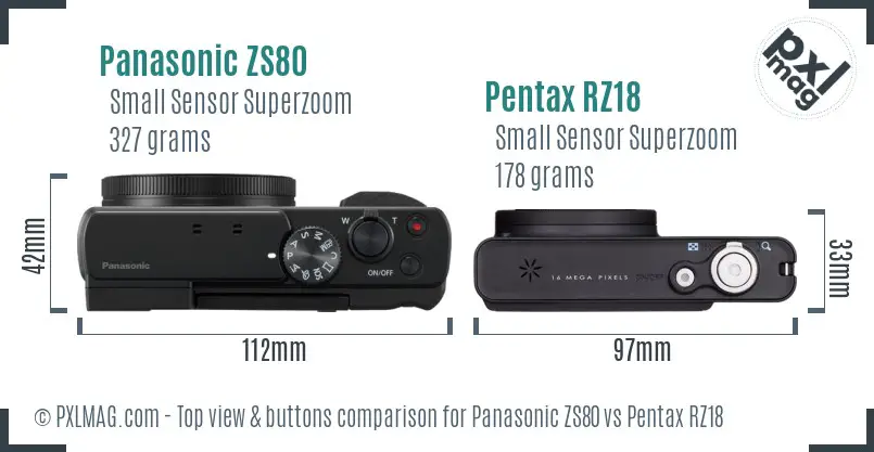 Panasonic ZS80 vs Pentax RZ18 top view buttons comparison