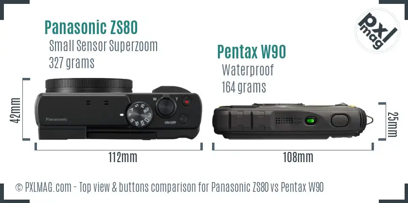 Panasonic ZS80 vs Pentax W90 top view buttons comparison