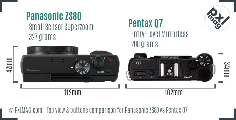 Panasonic ZS80 vs Pentax Q7 top view buttons comparison