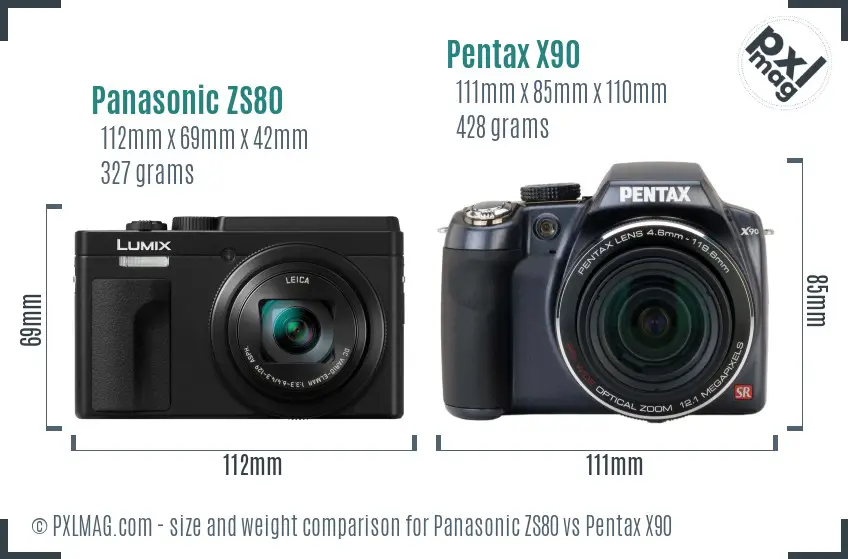 Panasonic ZS80 vs Pentax X90 size comparison