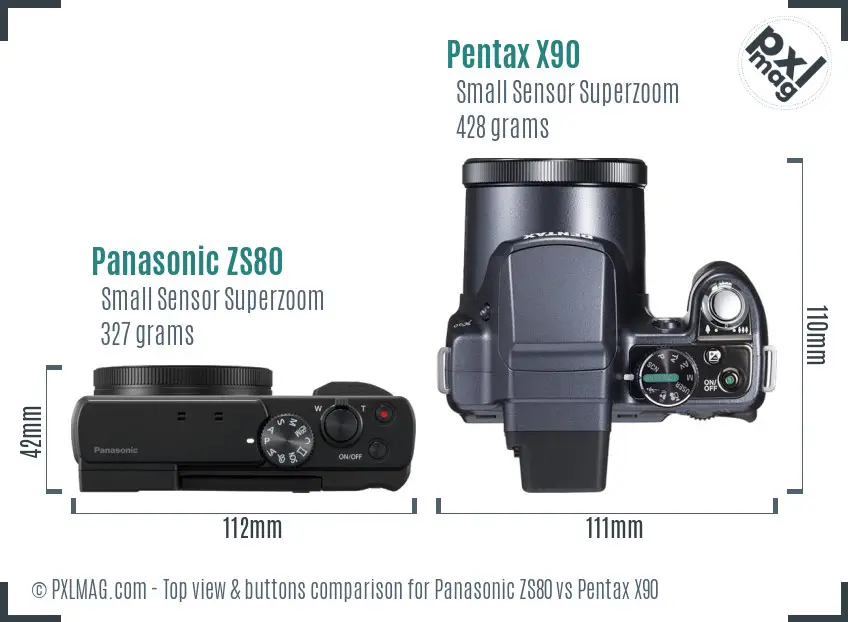 Panasonic ZS80 vs Pentax X90 top view buttons comparison