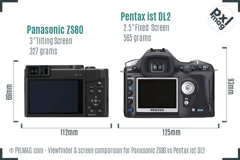Panasonic ZS80 vs Pentax ist DL2 Screen and Viewfinder comparison