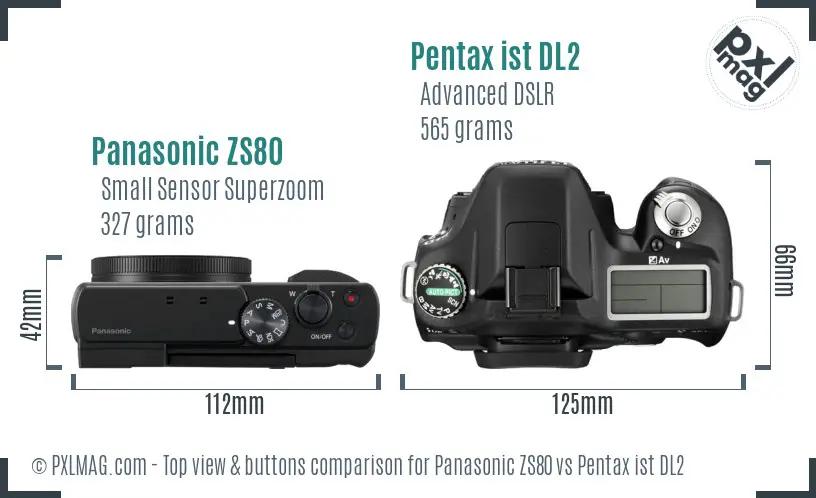 Panasonic ZS80 vs Pentax ist DL2 top view buttons comparison