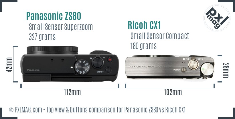 Panasonic ZS80 vs Ricoh CX1 top view buttons comparison