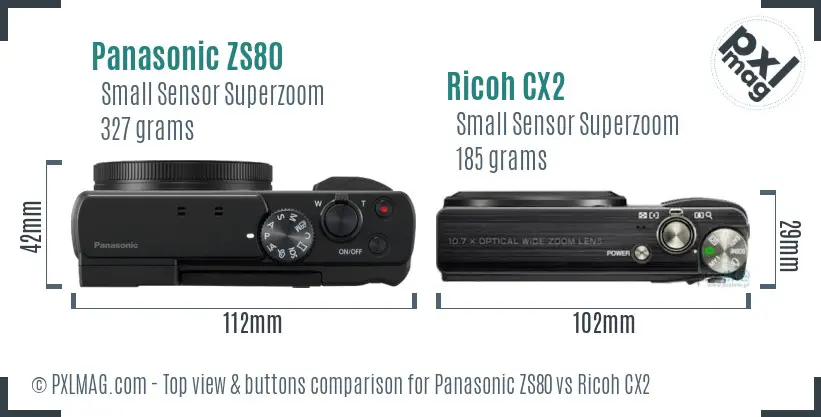 Panasonic ZS80 vs Ricoh CX2 top view buttons comparison