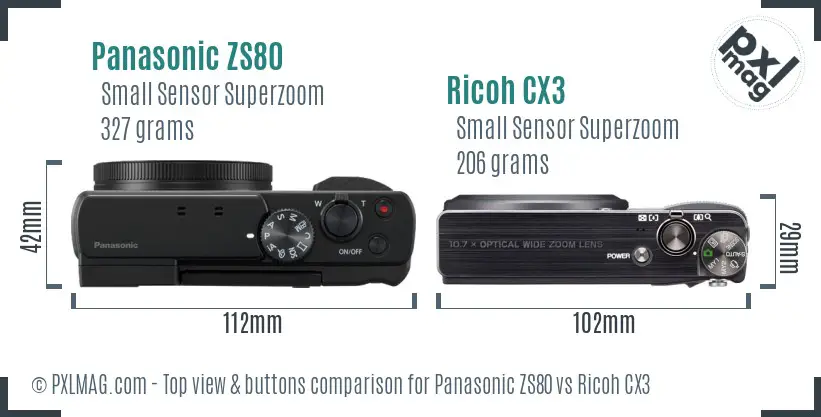 Panasonic ZS80 vs Ricoh CX3 top view buttons comparison
