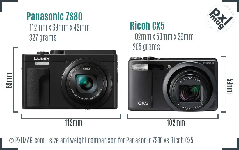 Panasonic ZS80 vs Ricoh CX5 size comparison
