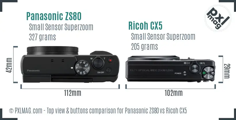 Panasonic ZS80 vs Ricoh CX5 top view buttons comparison