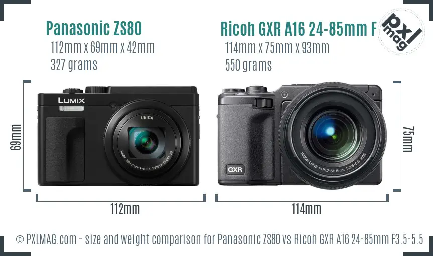 Panasonic ZS80 vs Ricoh GXR A16 24-85mm F3.5-5.5 size comparison Panasonic ZS80 vs Ricoh GXR A16 24-85mm F3.5-5.5 size comparison