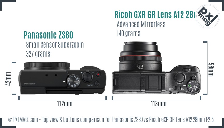 Panasonic ZS80 vs Ricoh GXR GR Lens A12 28mm F2.5 top view buttons comparison