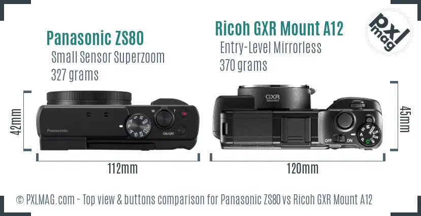 Panasonic ZS80 vs Ricoh GXR Mount A12 top view buttons comparison