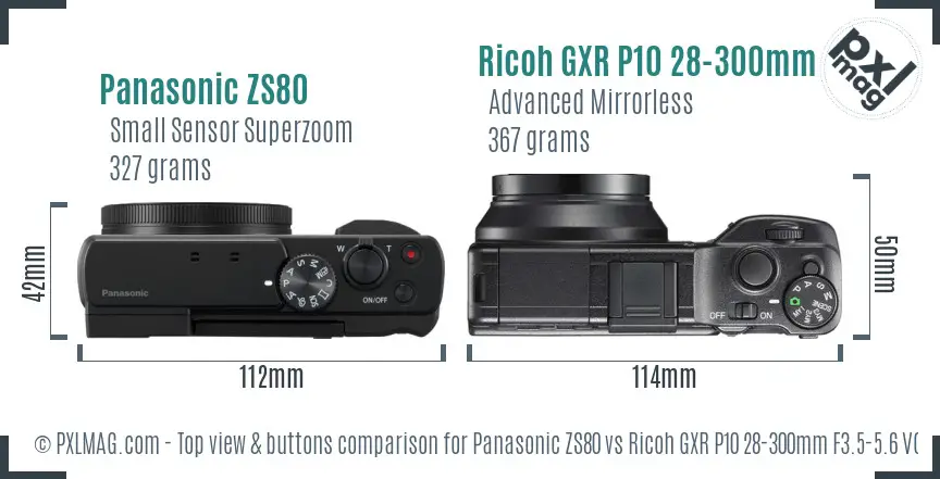 Panasonic ZS80 vs Ricoh GXR P10 28-300mm F3.5-5.6 VC top view buttons comparison