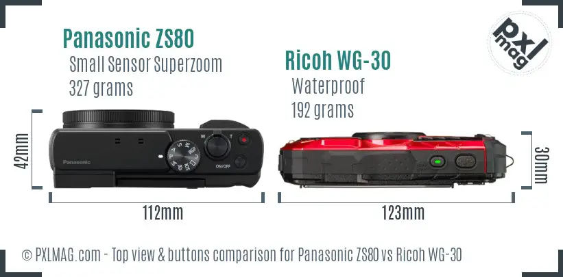 Panasonic ZS80 vs Ricoh WG-30 top view buttons comparison