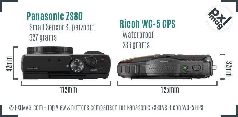 Panasonic ZS80 vs Ricoh WG-5 GPS top view buttons comparison Panasonic ZS80 vs Ricoh WG-5 GPS top view buttons comparison