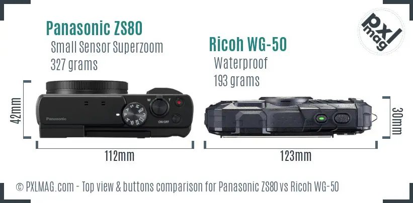 Panasonic ZS80 vs Ricoh WG-50 top view buttons comparison Panasonic ZS80 vs Ricoh WG-50 top view buttons comparison