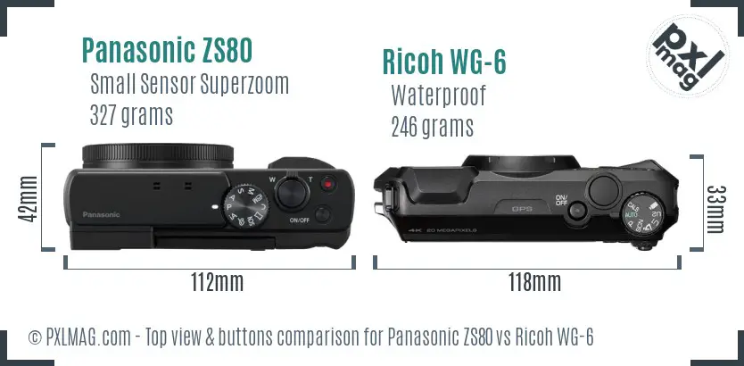 Panasonic ZS80 vs Ricoh WG-6 top view buttons comparison Panasonic ZS80 vs Ricoh WG-6 top view buttons comparison