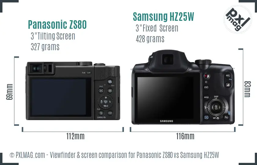 Panasonic ZS80 vs Samsung HZ25W Screen and Viewfinder comparison