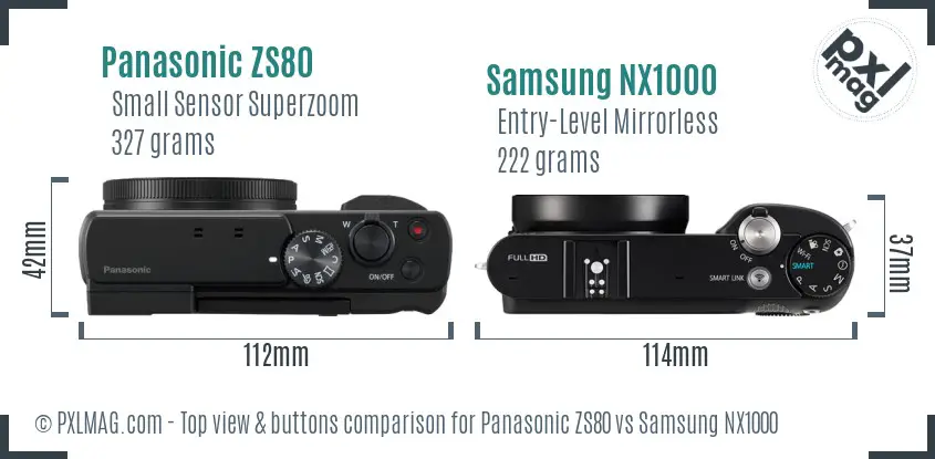 Panasonic ZS80 vs Samsung NX1000 top view buttons comparison Panasonic ZS80 vs Samsung NX1000 top view buttons comparison