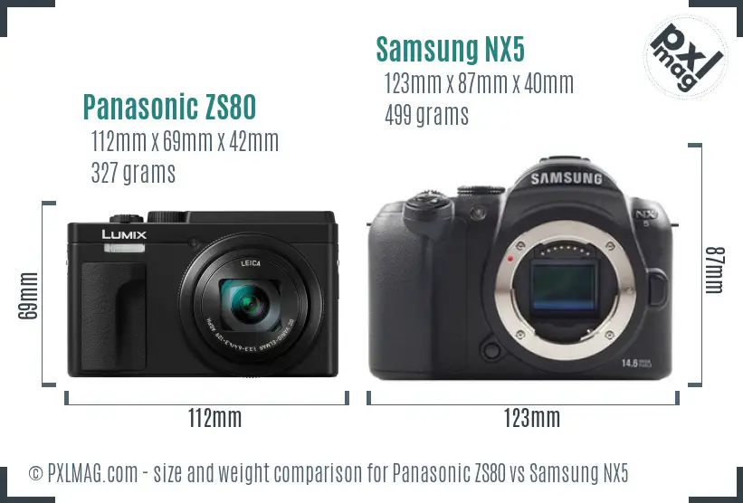 Panasonic ZS80 vs Samsung NX5 size comparison