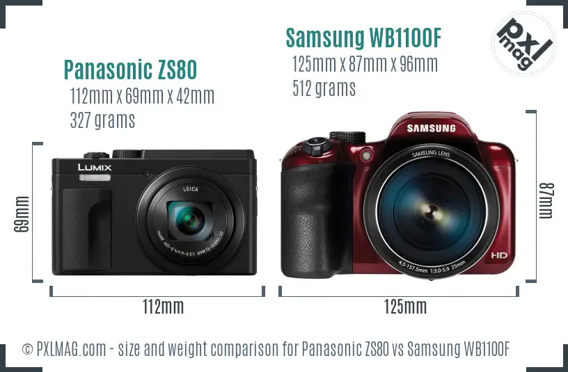 Panasonic ZS80 vs Samsung WB1100F size comparison