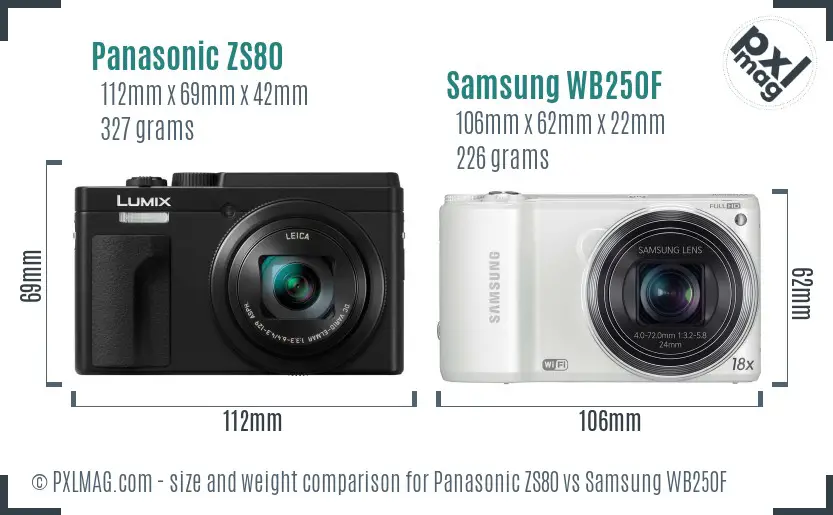 Panasonic ZS80 vs Samsung WB250F size comparison