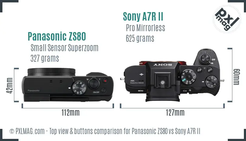 Panasonic ZS80 vs Sony A7R II top view buttons comparison Panasonic ZS80 vs Sony A7R II top view buttons comparison