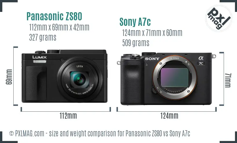 Panasonic ZS80 vs Sony A7c size comparison