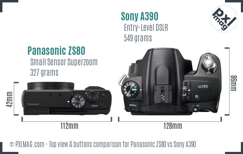 Panasonic ZS80 vs Sony A390 top view buttons comparison