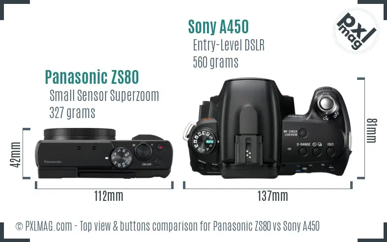Panasonic ZS80 vs Sony A450 top view buttons comparison