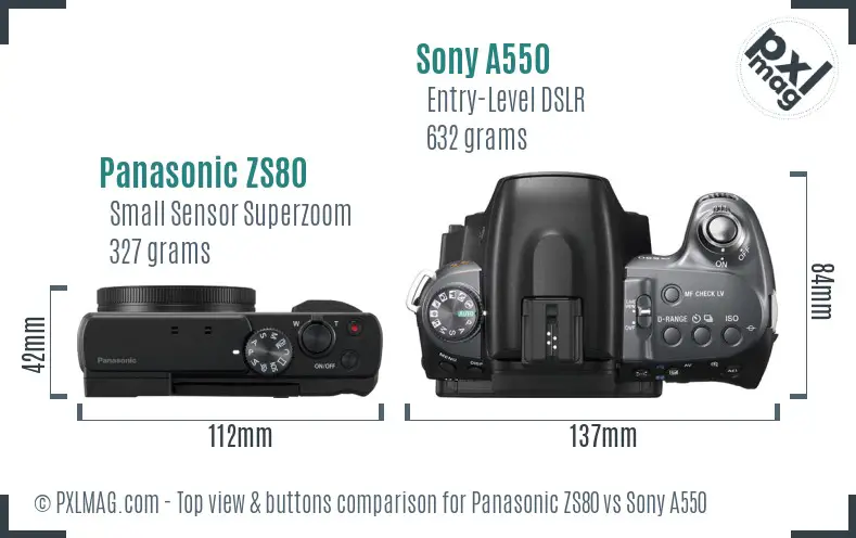 Panasonic ZS80 vs Sony A550 top view buttons comparison