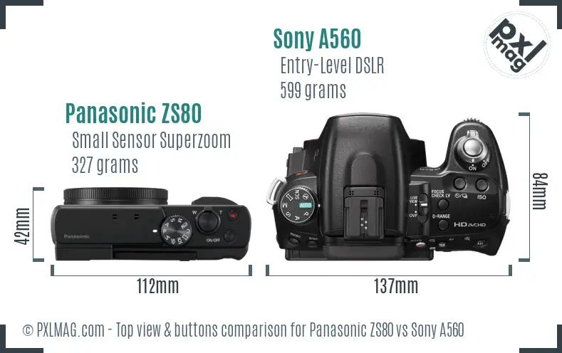 Panasonic ZS80 vs Sony A560 top view buttons comparison Panasonic ZS80 vs Sony A560 top view buttons comparison