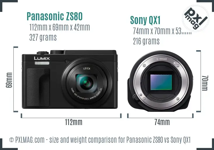 Panasonic ZS80 vs Sony QX1 size comparison