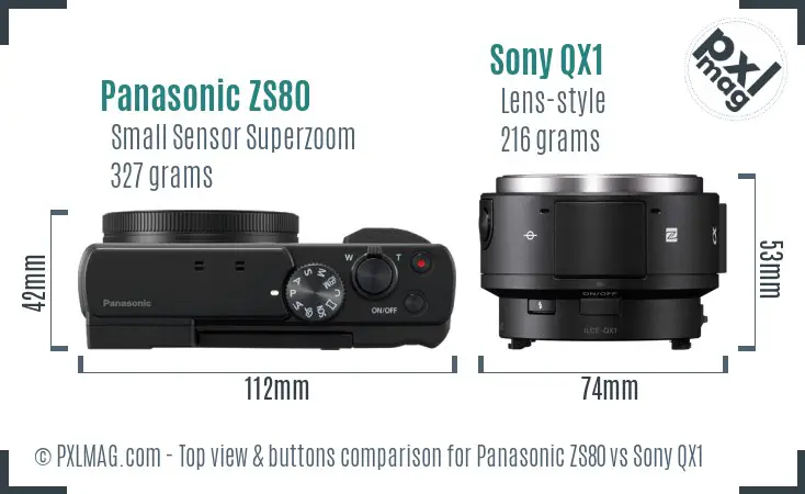 Panasonic ZS80 vs Sony QX1 top view buttons comparison