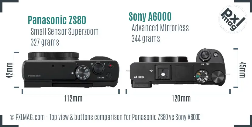 Panasonic ZS80 vs Sony A6000 top view buttons comparison Panasonic ZS80 vs Sony A6000 top view buttons comparison