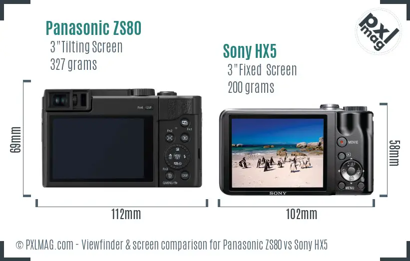 Panasonic ZS80 vs Sony HX5 Screen and Viewfinder comparison