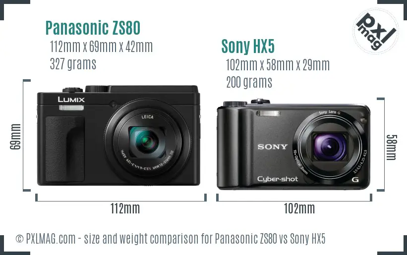 Panasonic ZS80 vs Sony HX5 size comparison
