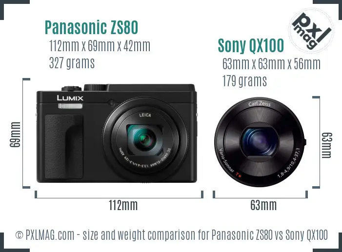 Panasonic ZS80 vs Sony QX100 size comparison