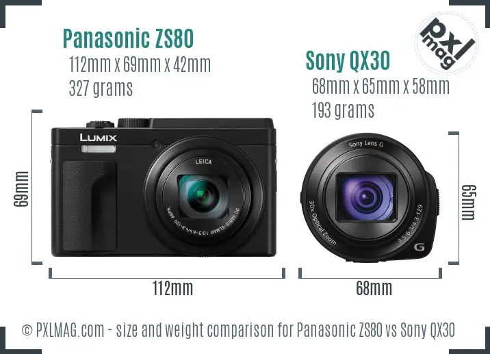 Panasonic ZS80 vs Sony QX30 size comparison