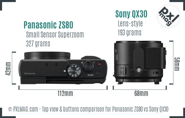 Panasonic ZS80 vs Sony QX30 top view buttons comparison