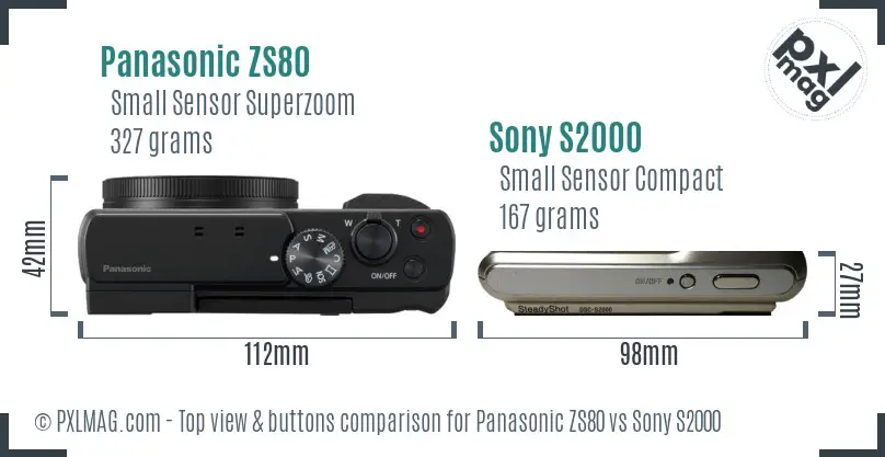 Panasonic ZS80 vs Sony S2000 top view buttons comparison Panasonic ZS80 vs Sony S2000 top view buttons comparison