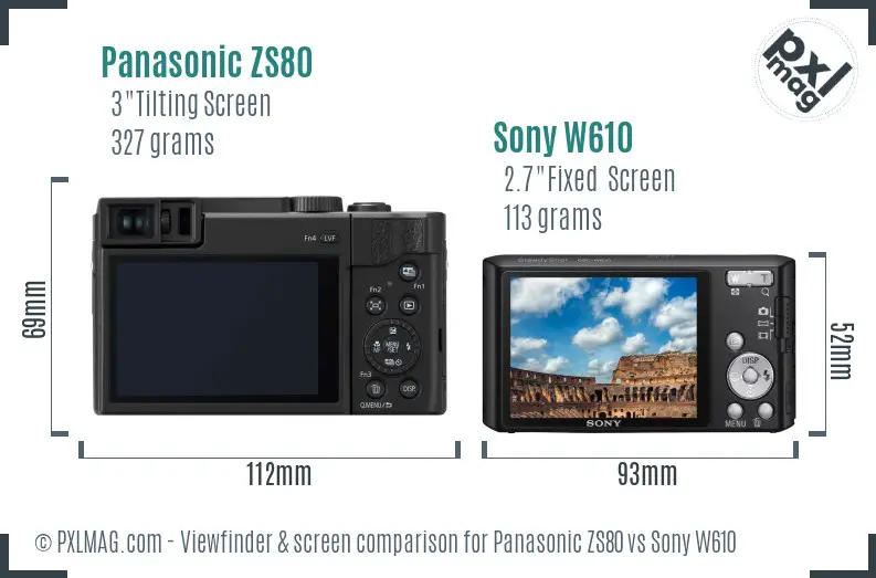 Panasonic ZS80 vs Sony W610 Screen and Viewfinder comparison