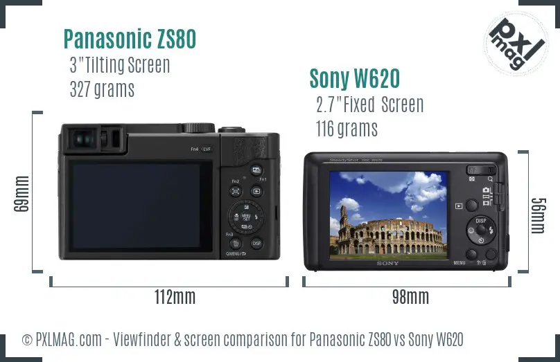 Panasonic ZS80 vs Sony W620 Screen and Viewfinder comparison
