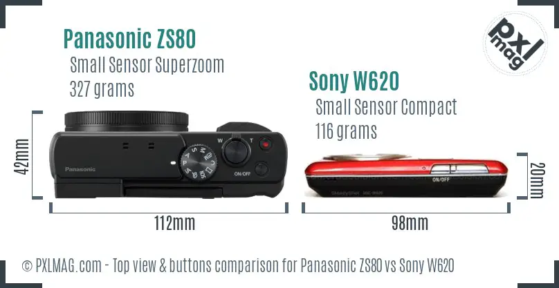 Panasonic ZS80 vs Sony W620 top view buttons comparison