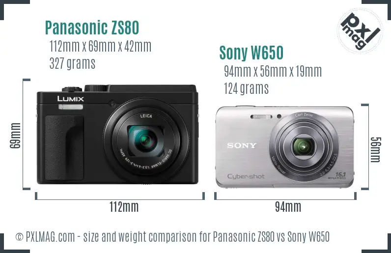 Panasonic ZS80 vs Sony W650 size comparison