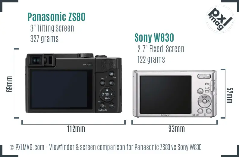 Panasonic ZS80 vs Sony W830 Screen and Viewfinder comparison